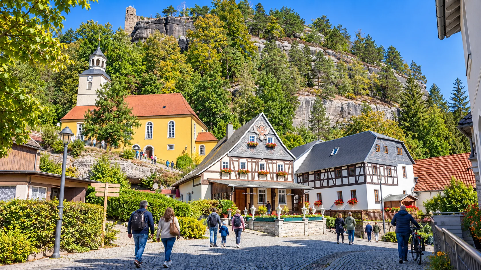auszeit oybin header KI-bearbeitetes Bildmotiv von Oybin mit Kirche, Gasthaus, Felsen und Spaziergängern