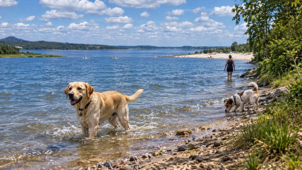 Zwei Hunde am Seeufer, im Hintergrund ein Sandstrand – Symbolbild